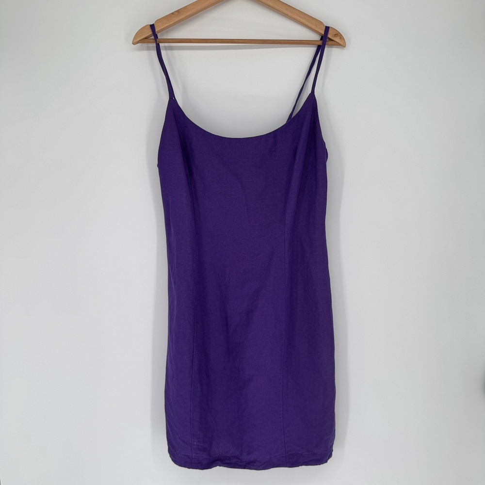 Vintage Ashley Brooke Linen Blend Mini Slip Dress 10 Purple 90s Minimalist Retro